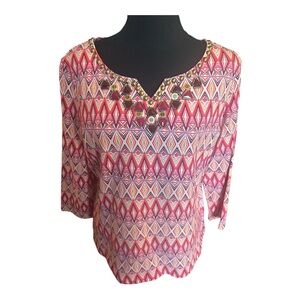 Ruby Rd. Women Pink Purple Geometric Pattern 3/4 Sleeve Top Size Large Petite